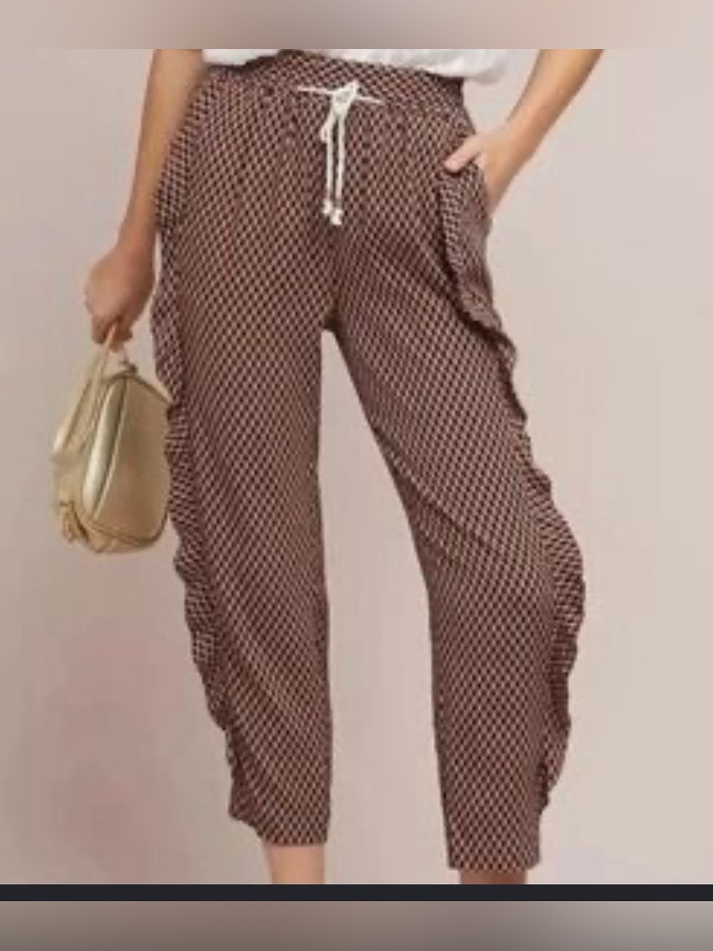 Anthropologie Ett:twa Brown Geometric Print Drawstring Ruffle Ankle Pants